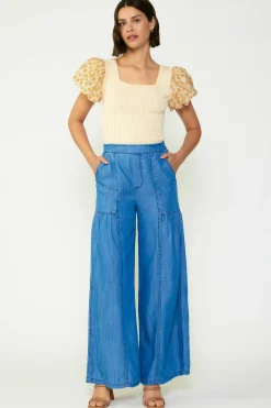 Pants-Current Air Wide Leg Tiered Pants CHAMBRAY