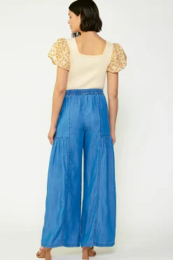 Pants-Current Air Wide Leg Tiered Pants CHAMBRAY