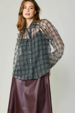 Long Sleeve Tops-Current Air Windowpane Plaid Sheer Blouse BLACK