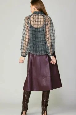 Long Sleeve Tops-Current Air Windowpane Plaid Sheer Blouse BLACK