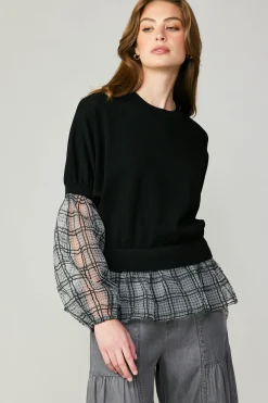Long Sleeve Tops|Sweaters-Current Air Windowpane Plaid Sweater Top BLACK