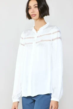 Long Sleeve Tops-Current Air Yoke Lace Blouse WHITE