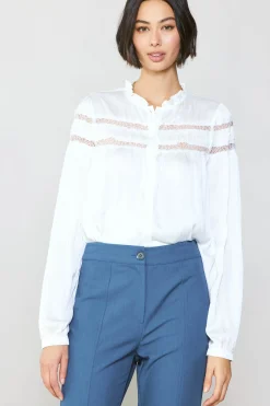 Long Sleeve Tops-Current Air Yoke Lace Blouse WHITE