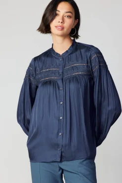Long Sleeve Tops-Current Air Yoke Lace Blouse SLATENAVY