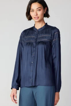 Long Sleeve Tops-Current Air Yoke Lace Blouse SLATENAVY