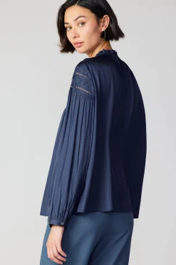 Long Sleeve Tops-Current Air Yoke Lace Blouse SLATENAVY