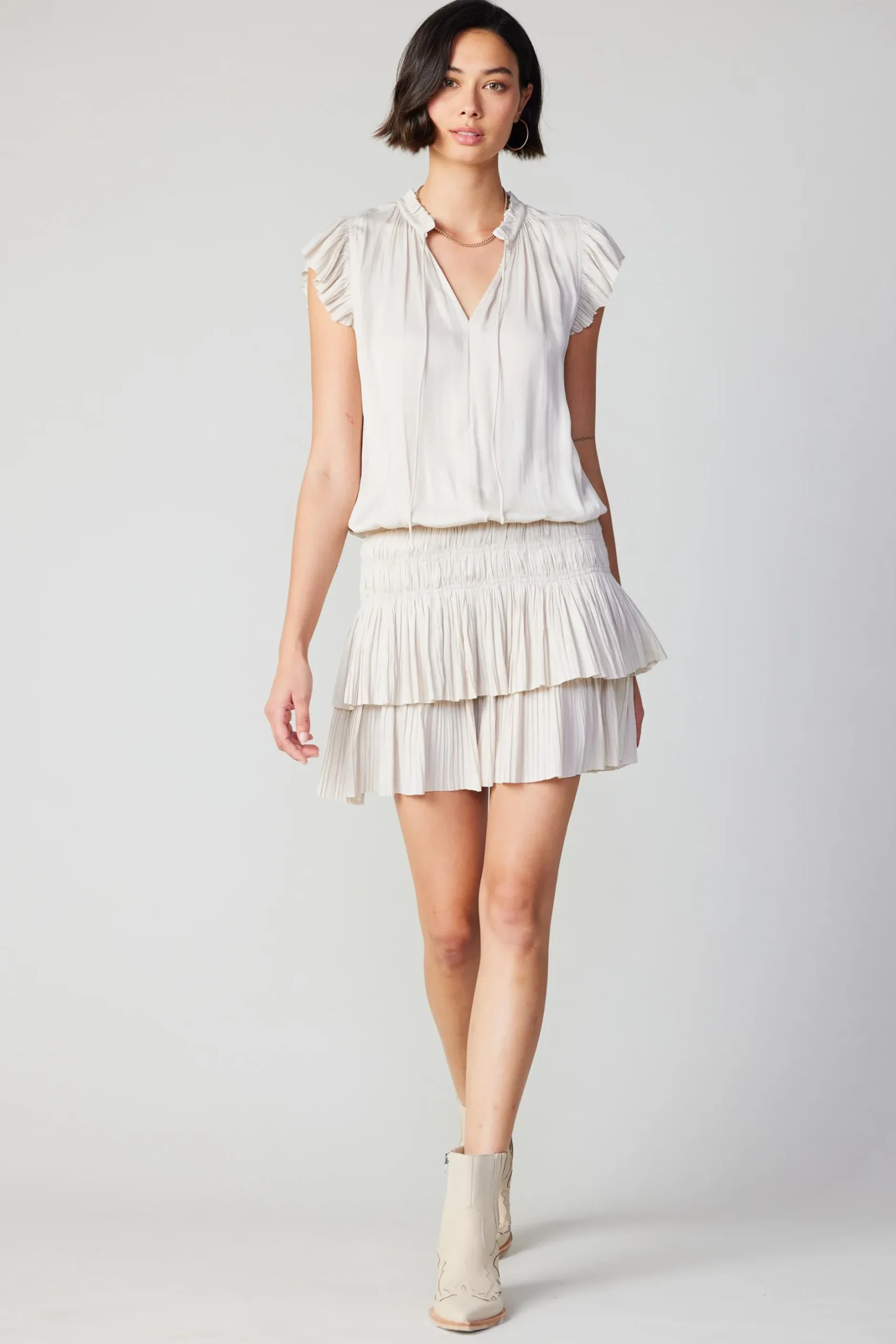 Mini Dresses-Current Air Zoey Pleated Skirt Mini Dress ECRU